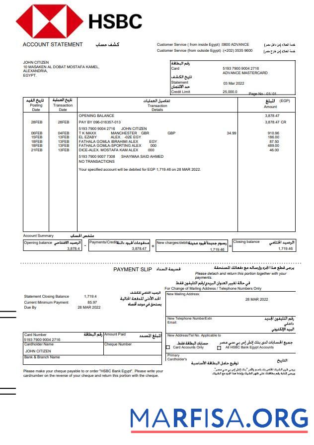 Realistic Egypt HSBC bank statement word version 2 real example